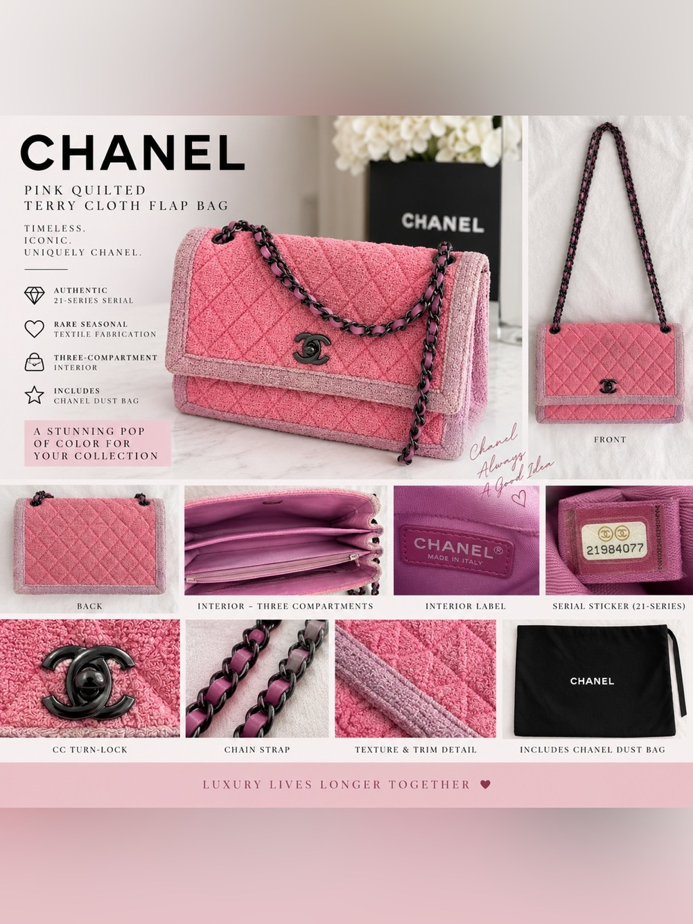 CHANEL Pink & Purple Quilted Terry Cloth Flap Shoulder Bag Dark Hardware